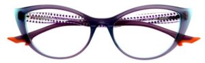 Grey cat-eye eyeglasses frame with orange temple tips, Frame of the Month