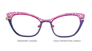 Pink and blue cat-eye glasses comparing ordinary and high-definition lenses