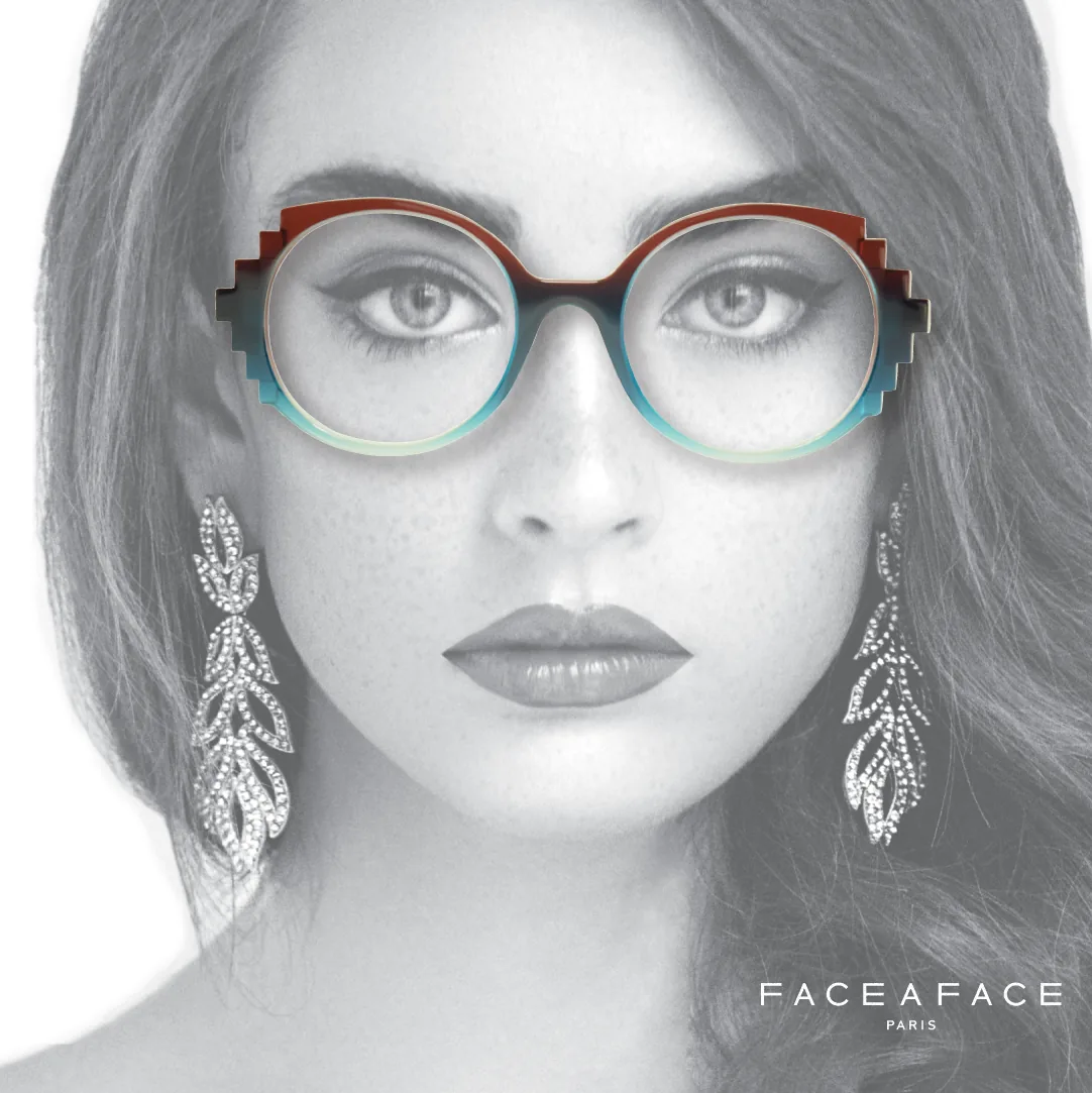 Round eyeglasses frame with red-to-teal gradient and stepped metal temples by Face a Face
