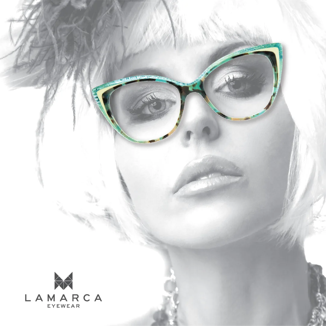 Teal and cream tortoiseshell cat-eye eyeglasses frame by LaMarca Eyewear