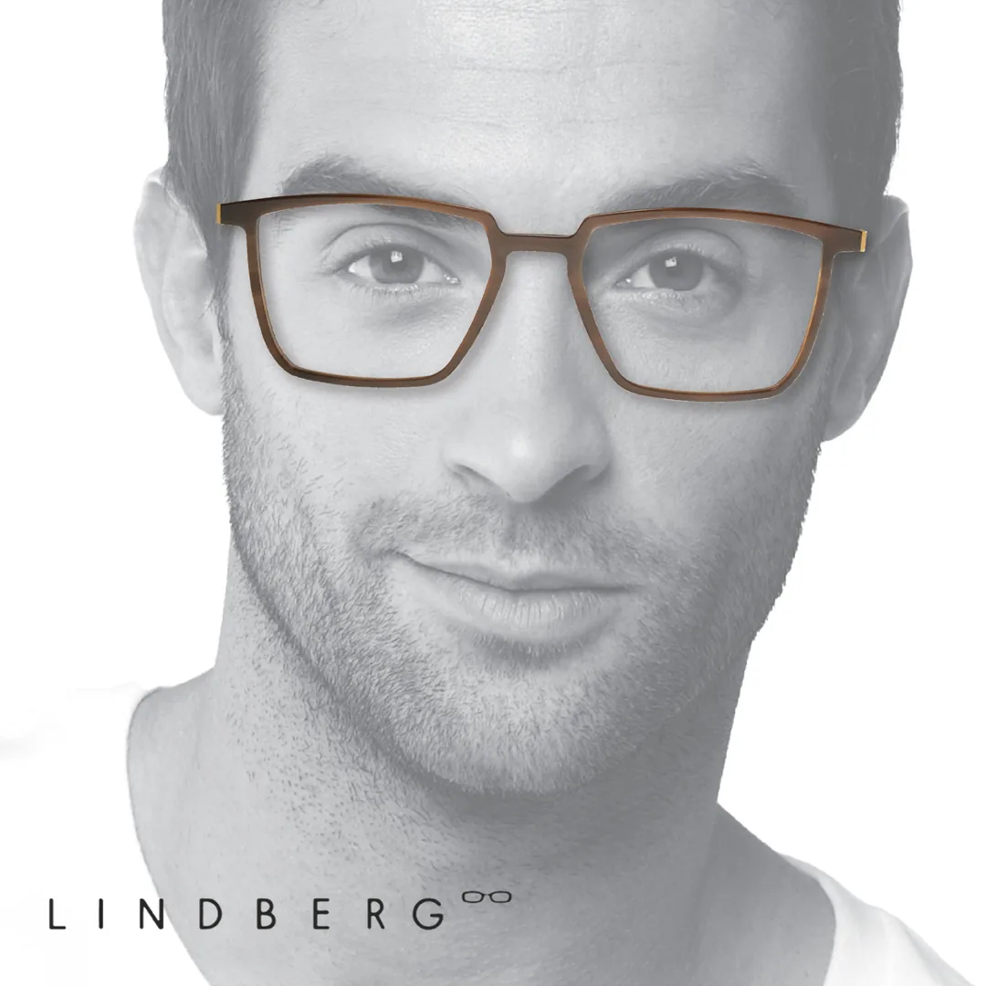 Square tortoiseshell eyeglasses frame with gold temple accents by Lindberg